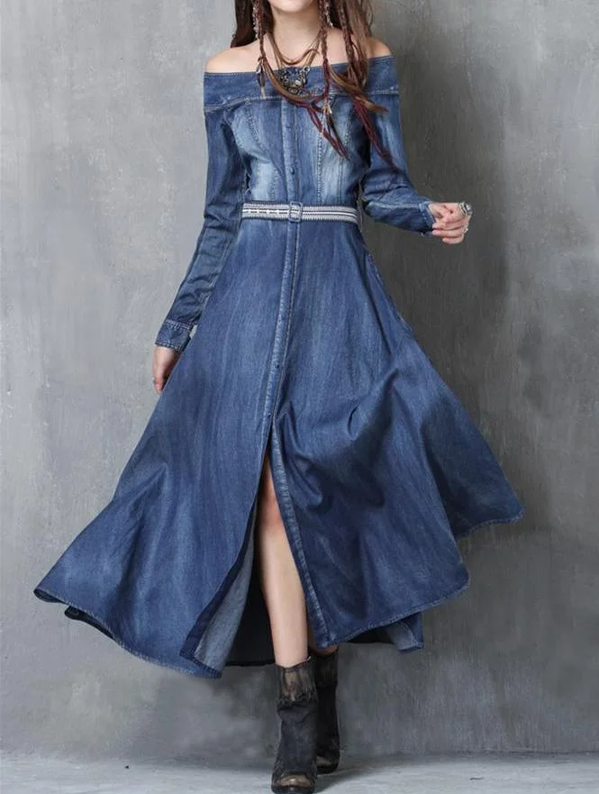 Women's Denim Embroidered Long Sleeve Off-shoulder Maxi Dress