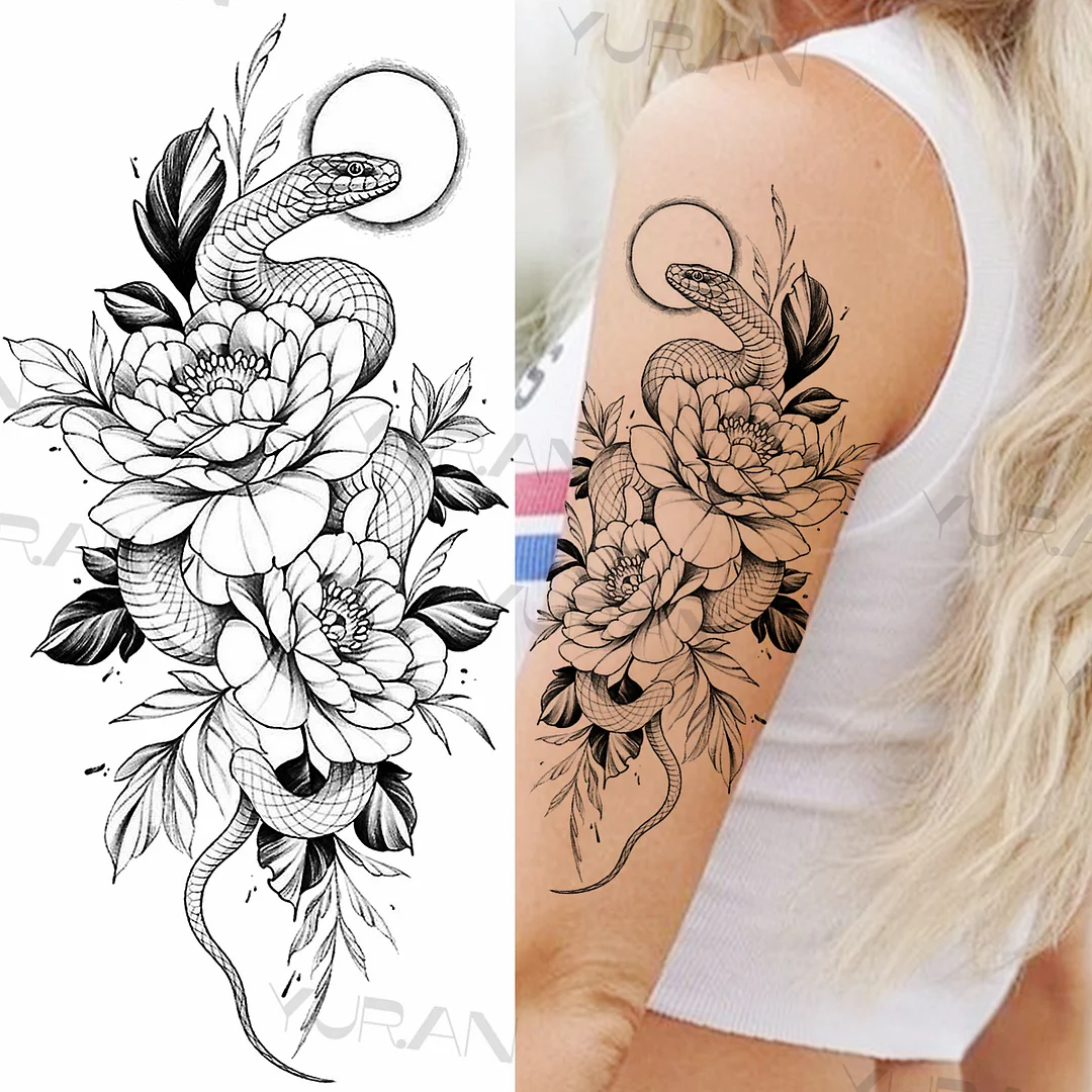 Sdrawing Rose Flower Temporary Tattoos For Women Realistic Snake Butterfly Flora Fake Tattoo Sticker Arm Body Waterproof Tatoos