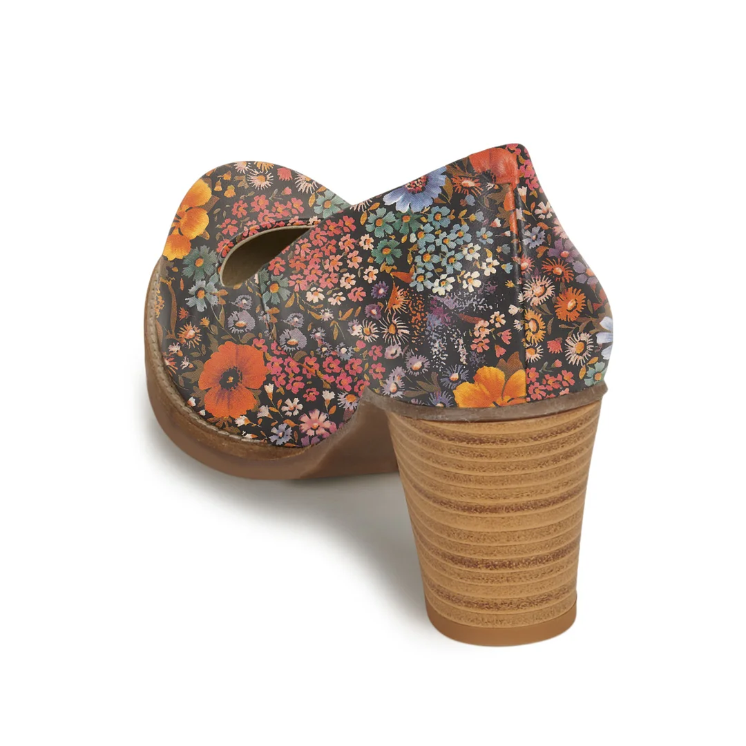 Colorful Floral Print Vegan Leather Elegant Pumps with Chunky Heels