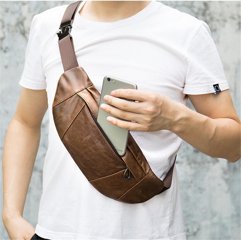Soft Genuine Leather Adjustable Strap Earphone Jack Multi-Pocket Chest Bag