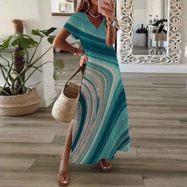 Casual V Neck Marble Print Maxi Dress