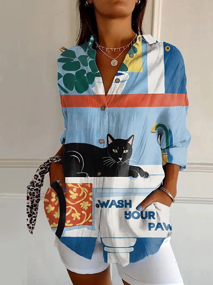 Wash Your Paws Cat Print Casual Long-sleeved Shirt