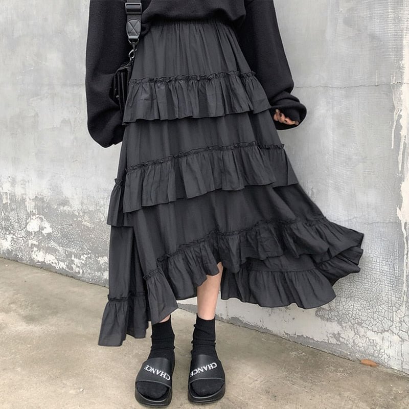 HOUZHOU Black Long Skirts Women Gothic High Low Ruched Ruffle High Waisted Asymmetrical Midi Skirt Korean Fashion Goth Grunge