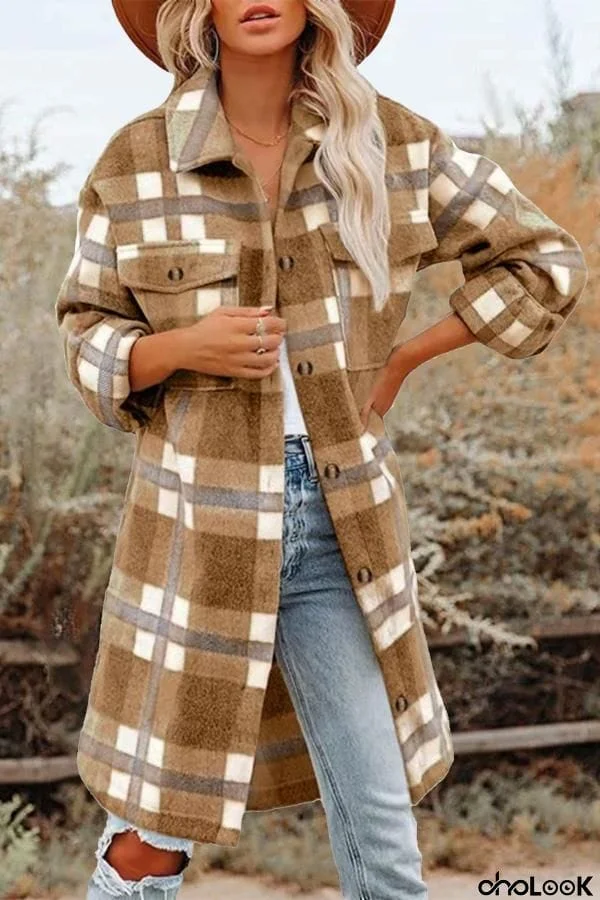 Multi-length Lapel Pocket Plaid Coat