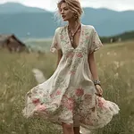 Bohemian Retro Countryside Style Plant Flower Design Women's Linen Dress - Image 2