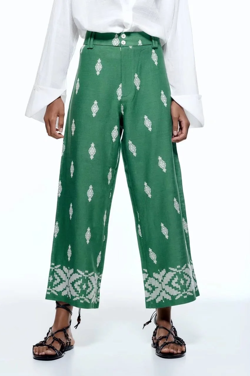 2023 New Summer Women Embroidery Floral Wide Leg Pants  Loose Boho Casual Trousers Beach High Waist pantalon Pour Femme