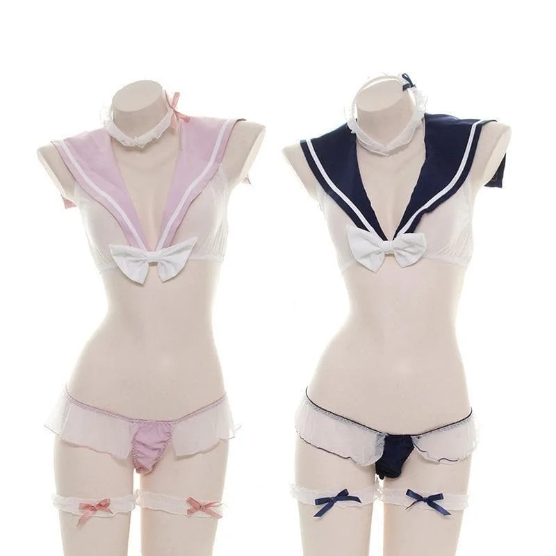 Ultrashort Transparent Mesh Sailor Suit Bow Bra Shorts Lingerie Set SP130