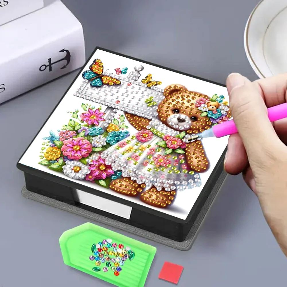 PU Bear Diamond Painting Notecard Box with 160 Sheets of Paper for Adults