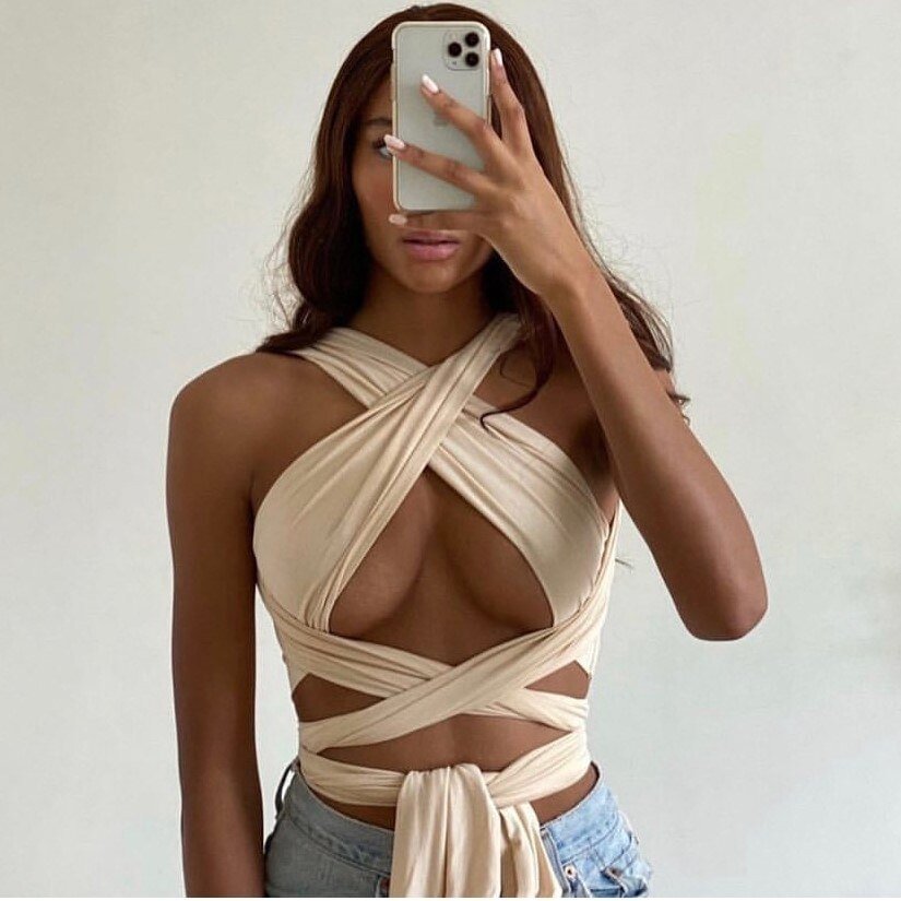 Cryptographic Sleeveless Backless Halter Cross Crop Tops Women Summer Chic Fashion Club Party Sexy Bandage Tie Top Cropped Solid