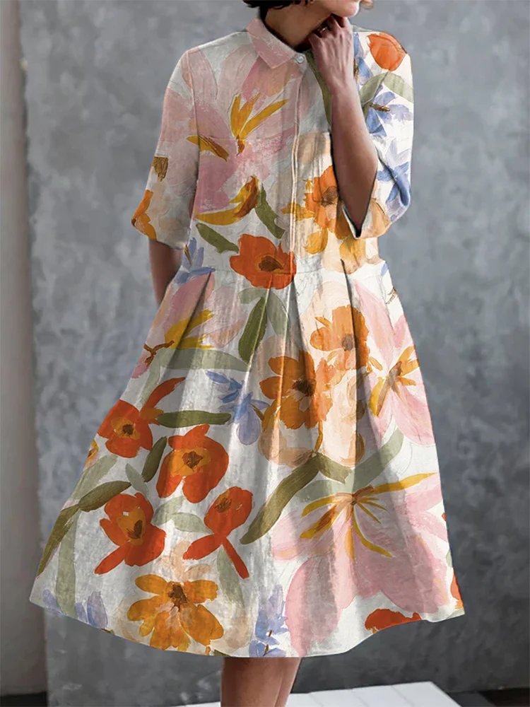 Vintage Watercolor Floral Print Elegant Pocket Half Sleeve Dress