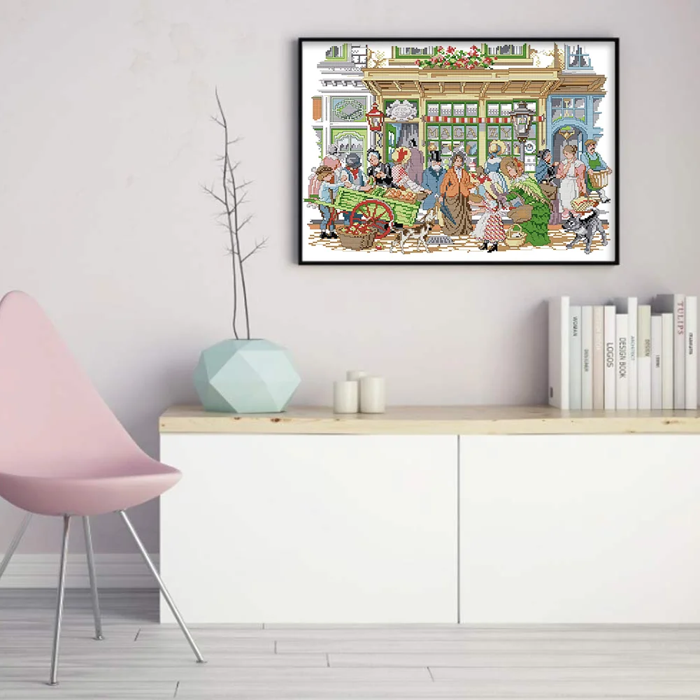DIY Stamped Cross Stitch 14CT Partial Embroidery 48*36cm - Bustling Street Market