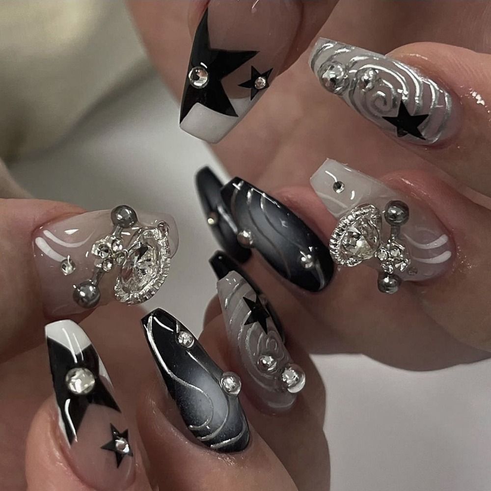 Ddmcloud 24pcs Long Ballerina Fake Nails Blue Crystal Flowers Pink Bow French False Nails Full Cover Press on Nails DIY Detachable