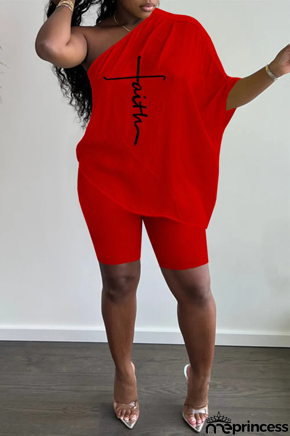 Red Fashion Casual Print Backless Oblique Collar Short Sleeve Two Pieces