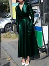 Urban Solid Color Belted Long Sleeves V-Neck Leather Coat