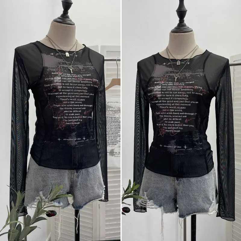 Brownm Graffiti-Printing Mesh T-Shirt 2024 Vintage Spice Girls Slime Long-Sleeved Hooded Top 13213