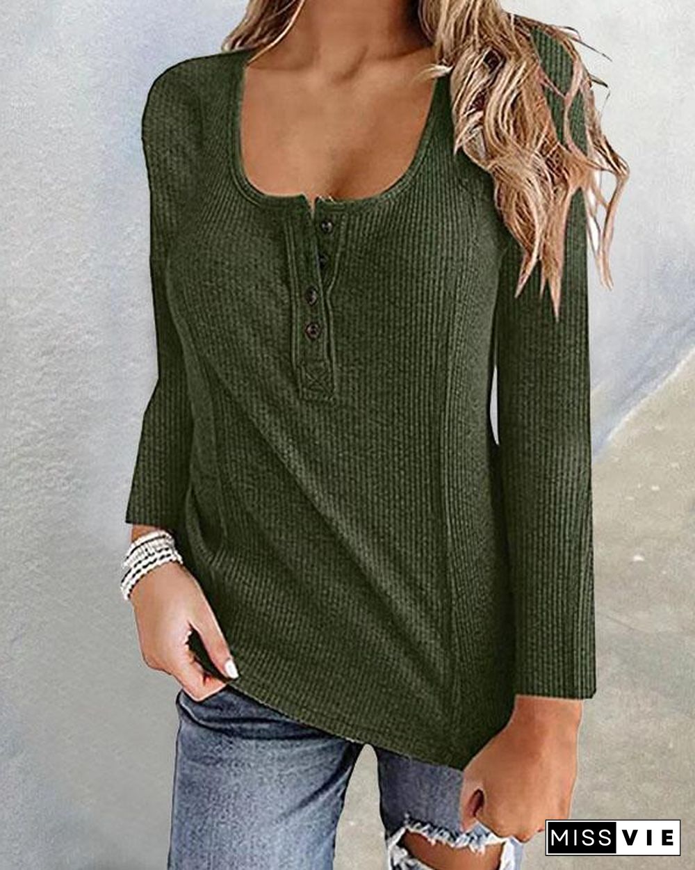 Plain Color Button U Neck Basic Fall T-shirt Tops