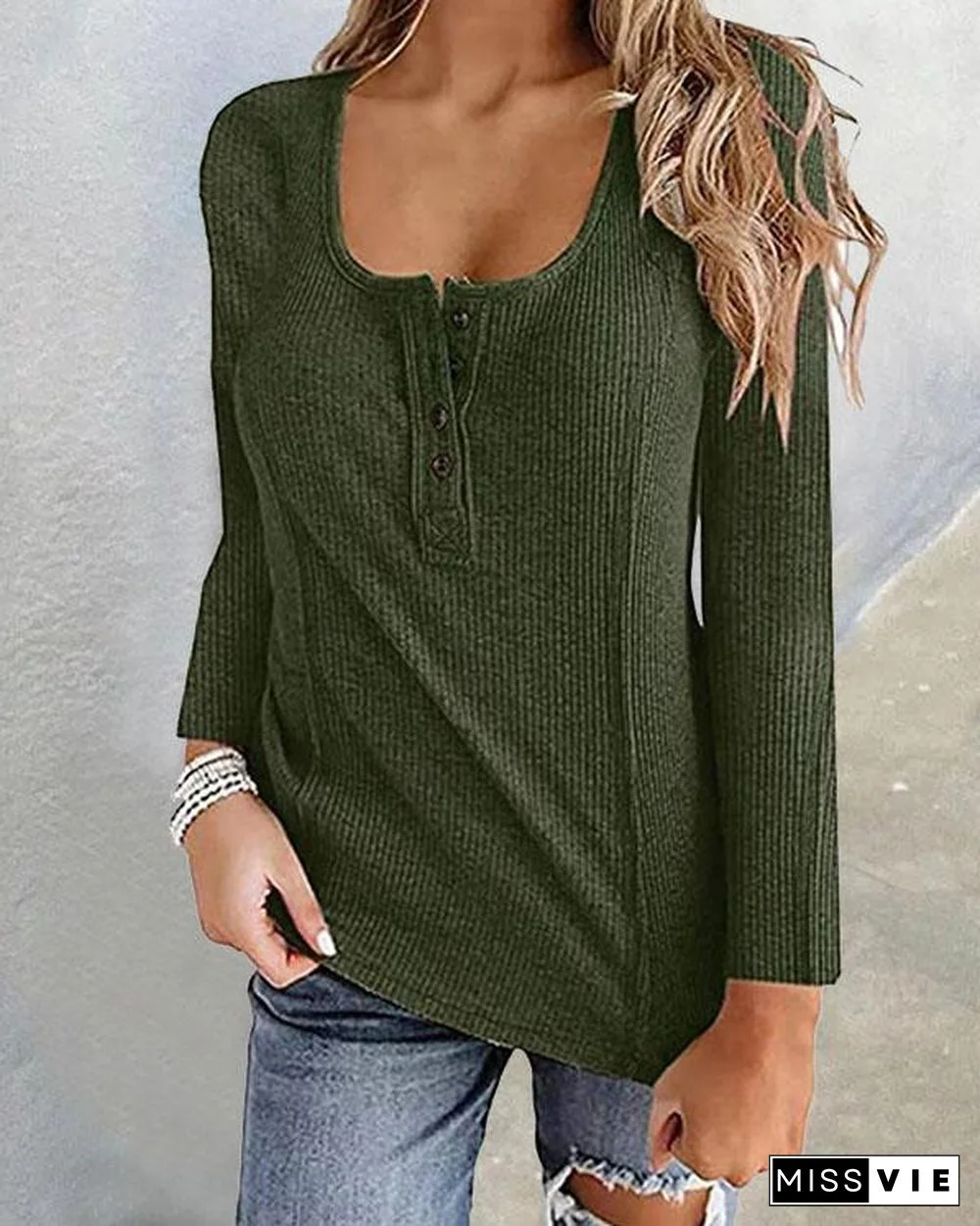 Plain Color Button U Neck Basic Fall T-shirt Tops