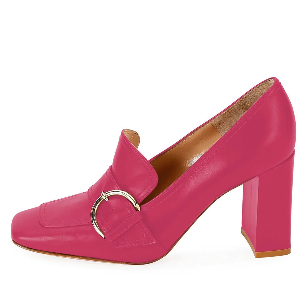 Classic Magenta Vegan Leather Buckle Loafer Heels with Square Toe
