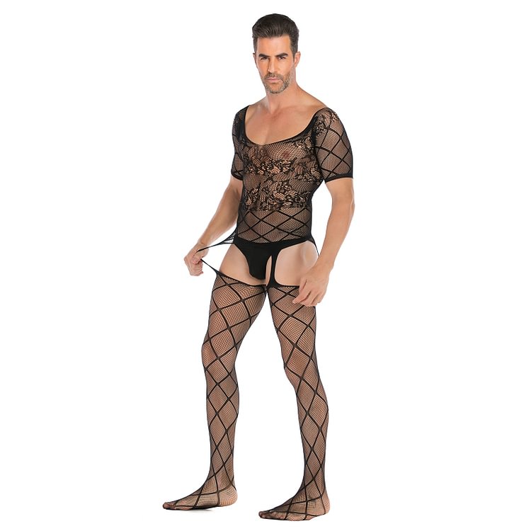 Men's Half Sleeve Open Front Erotic High Stretch Jacquard One-piece Netsuit
