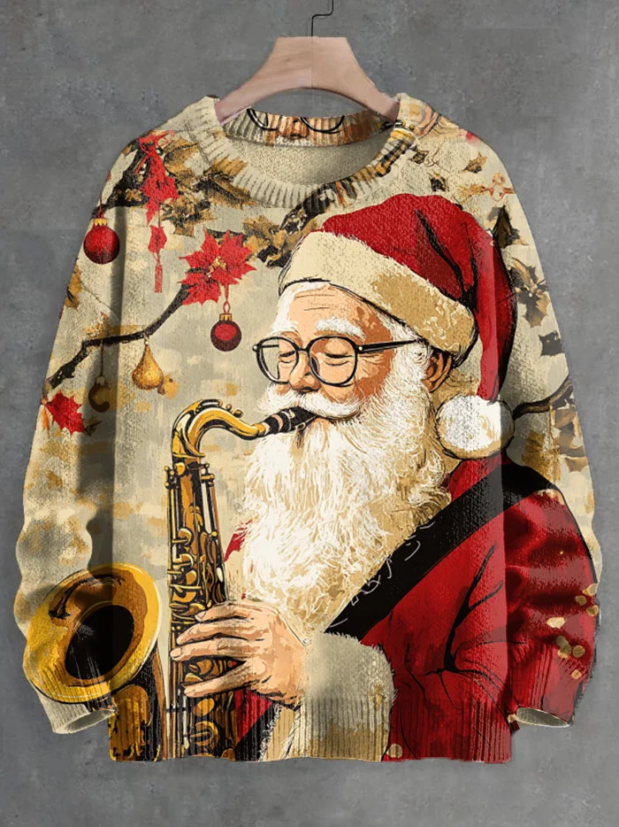 Men's Merry Christmas Santa Playing Saxophone Print Knit Sweatshirt