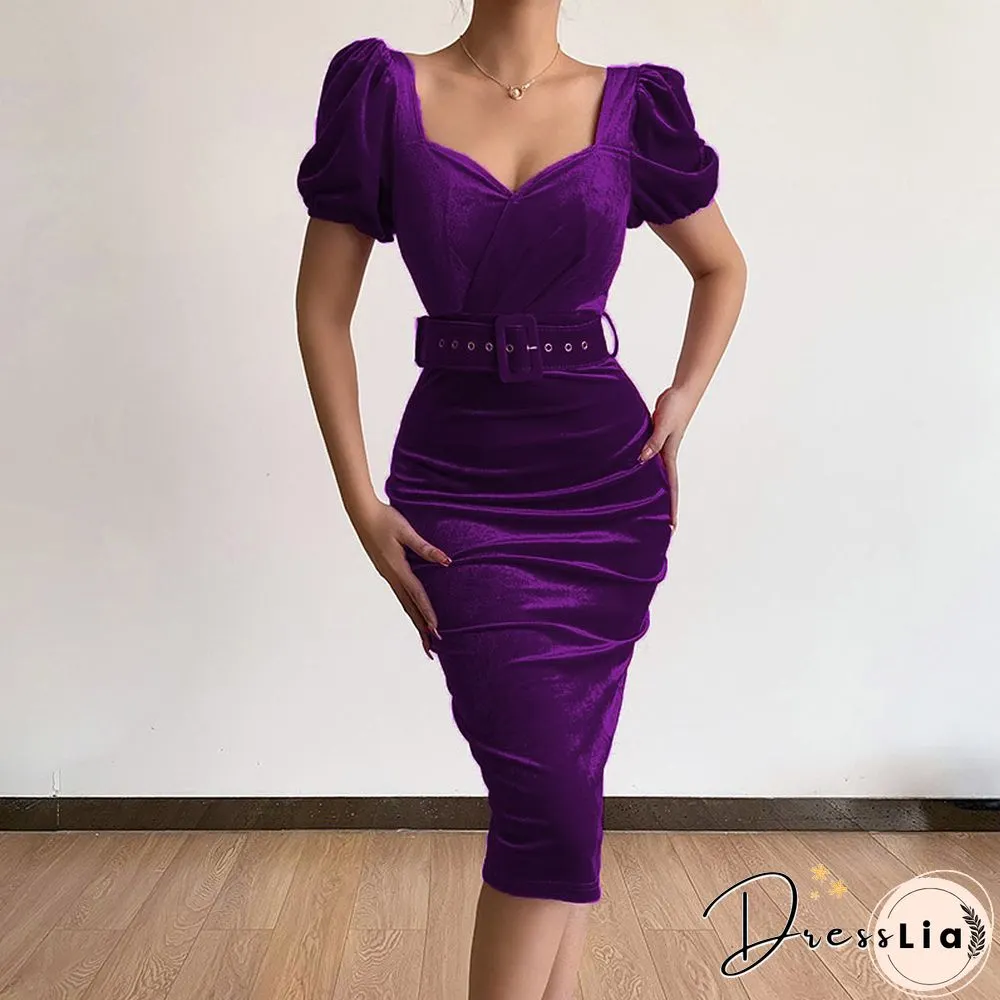 Elegant Bodycon Low-Cut V-Neck Puff Sleeve Midi Dress Women Autumn Velvet Slim Party Dress Fashion Folds Solid Dresses Vestidos