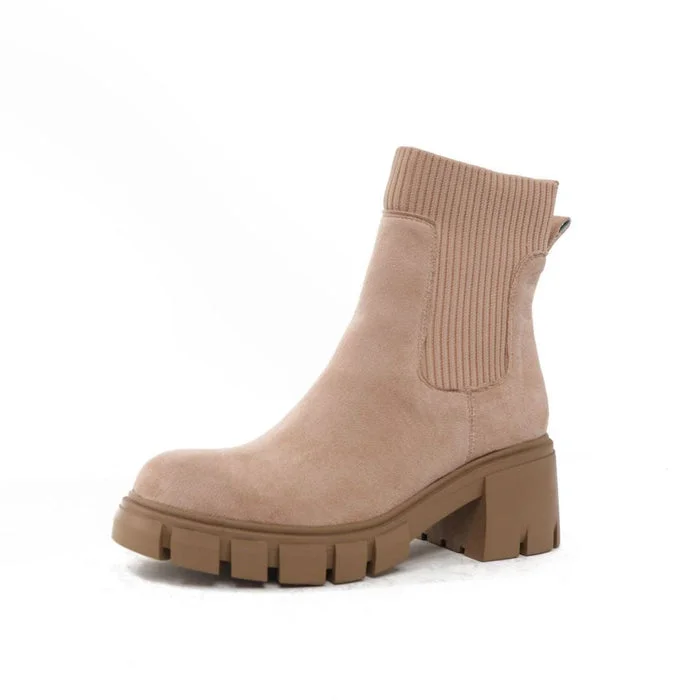 Classic Round Toe Lug Sole Suede Knit Sock Ankle Boots