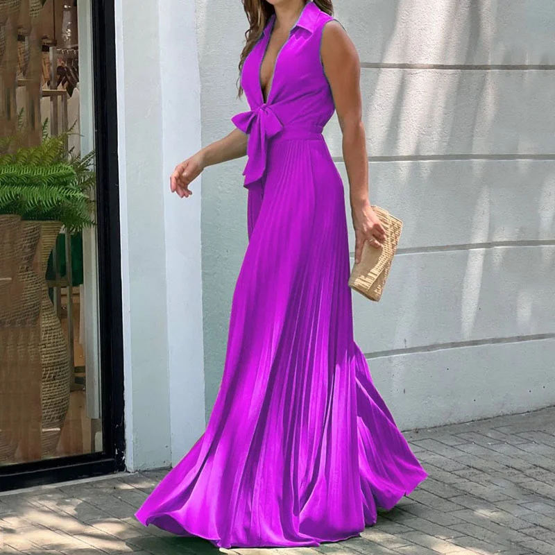 Women Jumpsuit Summer Fashion V Neck Sleeveless Lapel Solid Pleated Lace Up Loose Wide Legs Romper High Streetwear