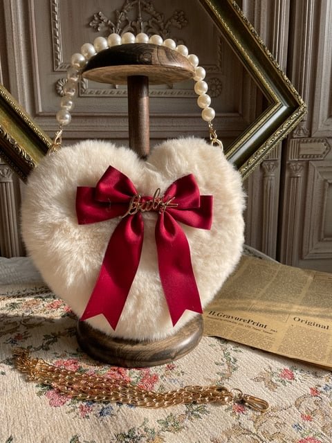 JK Lolita Heart Plush Cute Pearl Chain Hand Bag BE197