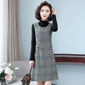 Elegant Sleeveless Woolen Blended Vest Dress High Quality Fashion Pocket New Autumn Winter Office Work Slim Plaid Midi Dresses