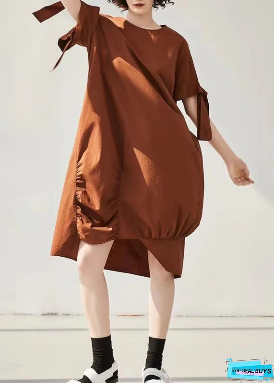 Vintage Caramel Asymmetrical Wrinkled Cotton Holiday Dress Short Sleeve