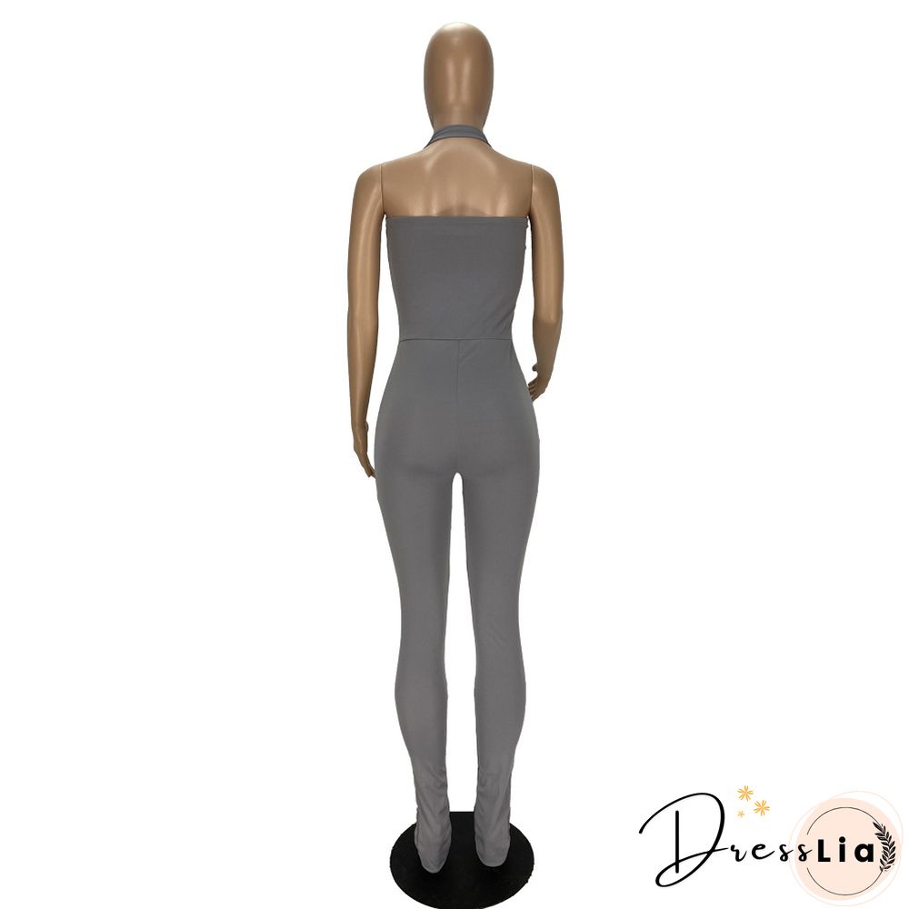 Women Solid Color Sportswear Sleeveless Halter Bodycon Jumpsuits