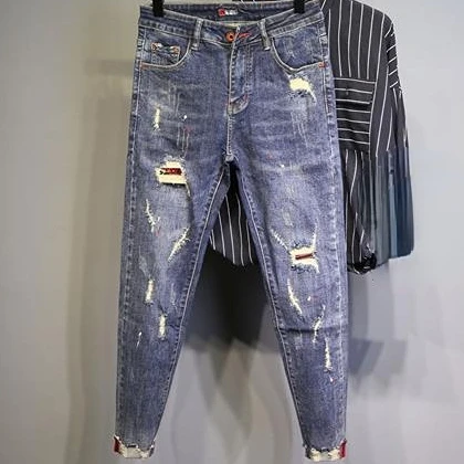 Cricsball Man Cowboy Pants Skinny Men's Jeans Ripped Trousers Slim Fit Torn Cropped with Holes Tight Pipe Broken Korean Fashion Denim Xs