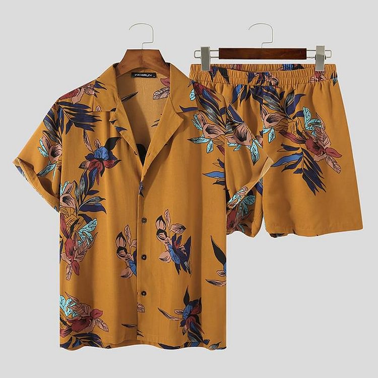 Top With Pants Two Pieces Sets Hawaiian Printed Breathable Lapel Short Sleeves Shirts Suits