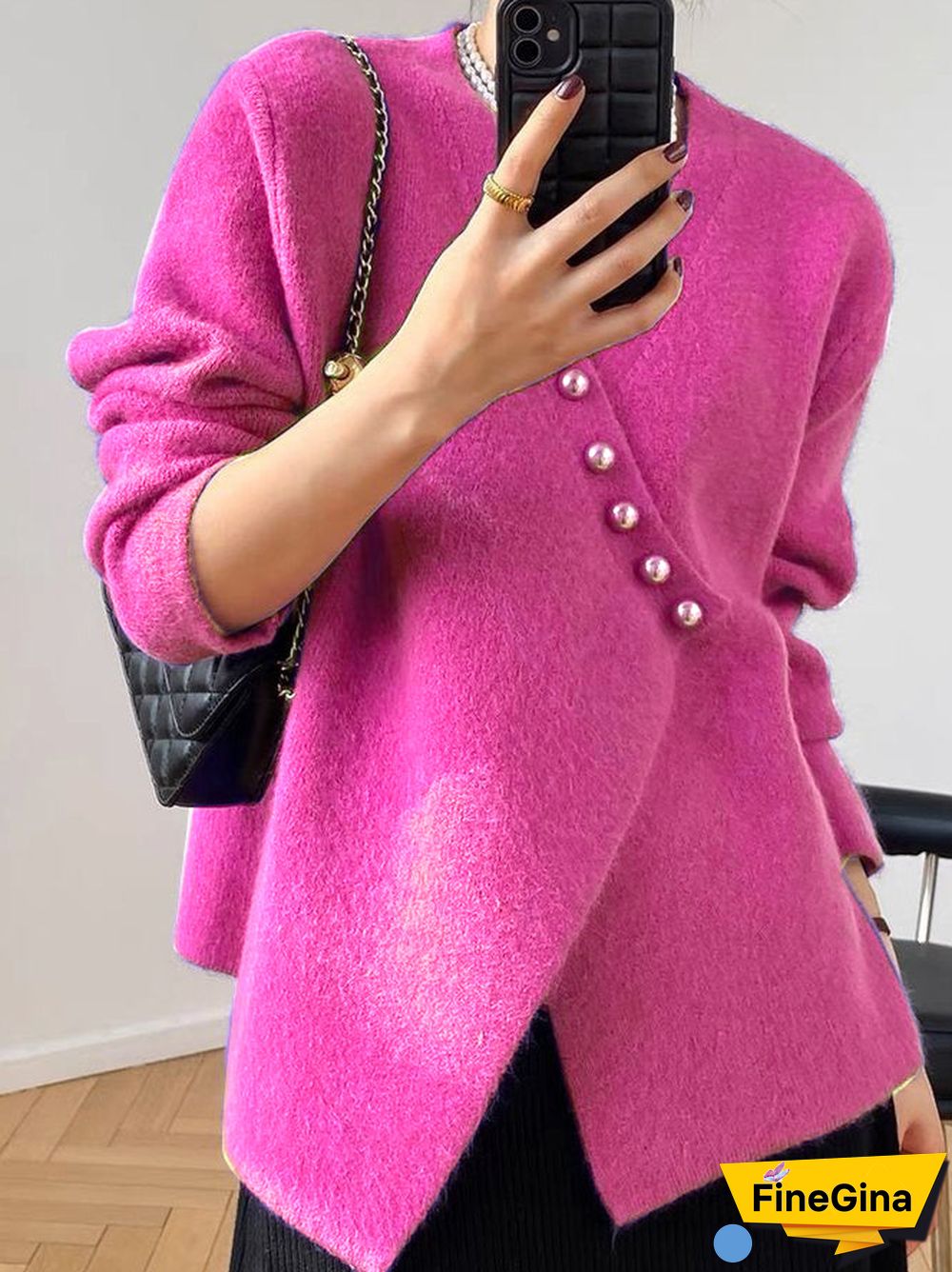 Rose Red Long Sleeve V-Neck Plain Sweater