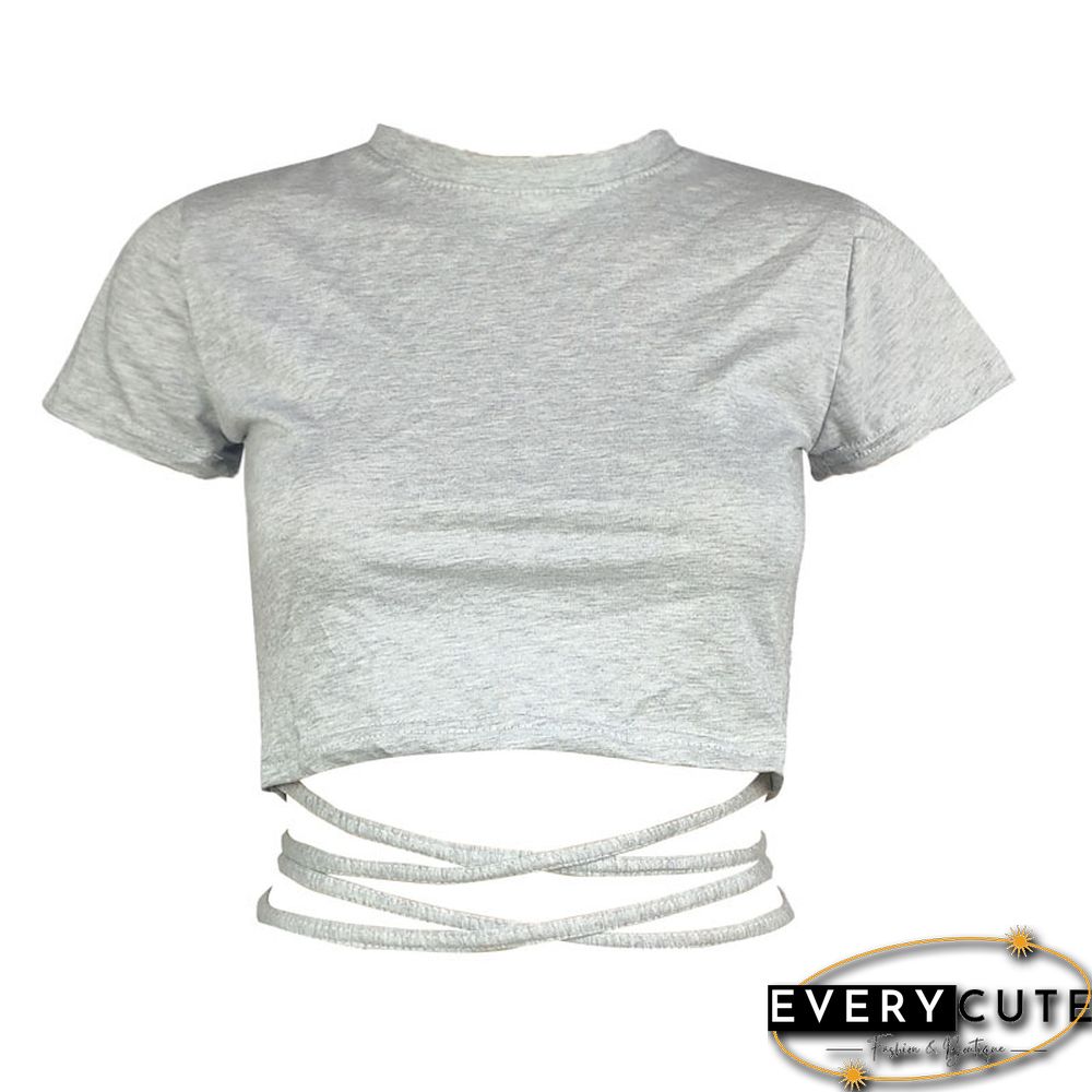 New O Neck Solid Tshirt Women Summer Cross Bandage Tee Sexy Short Sleeve Camisole Casual Tank Top Fashion Female Crop Tops Shirt