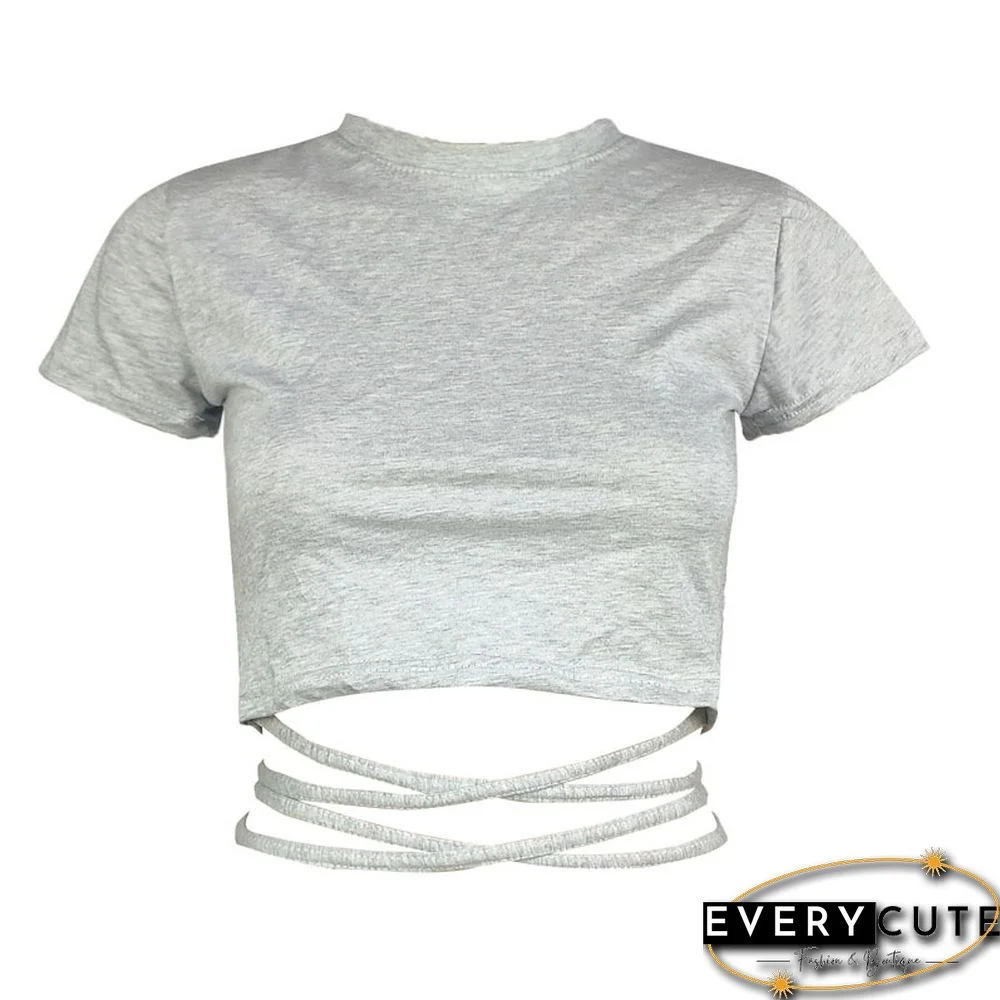 New O Neck Solid Tshirt Women Summer Cross Bandage Tee Sexy Short Sleeve Camisole Casual Tank Top Fashion Female Crop Tops Shirt