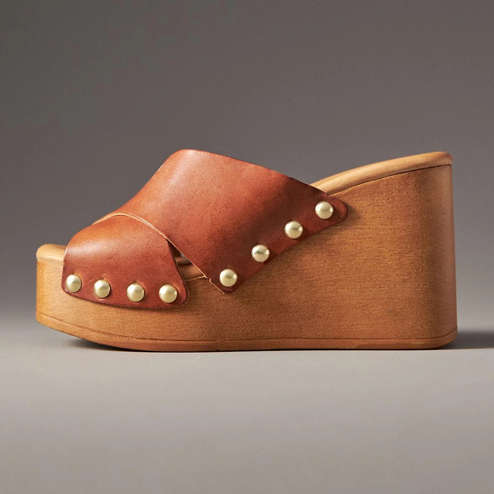Simple Brown Open-Toe Wedge Heel Cross-Strap Studded Mules Shoes