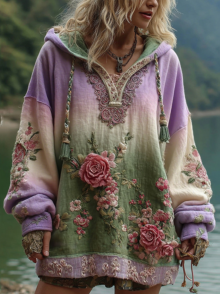 Love & Health Collection Vintage Rózsa és Virágmintás Vászon Hosszú Ujjú Kapucnis Pulóver