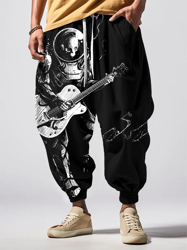 Men's Skeleton Astronaut Playing Guitar Rock Art Print Loose Drawstring Waist Sweatpants