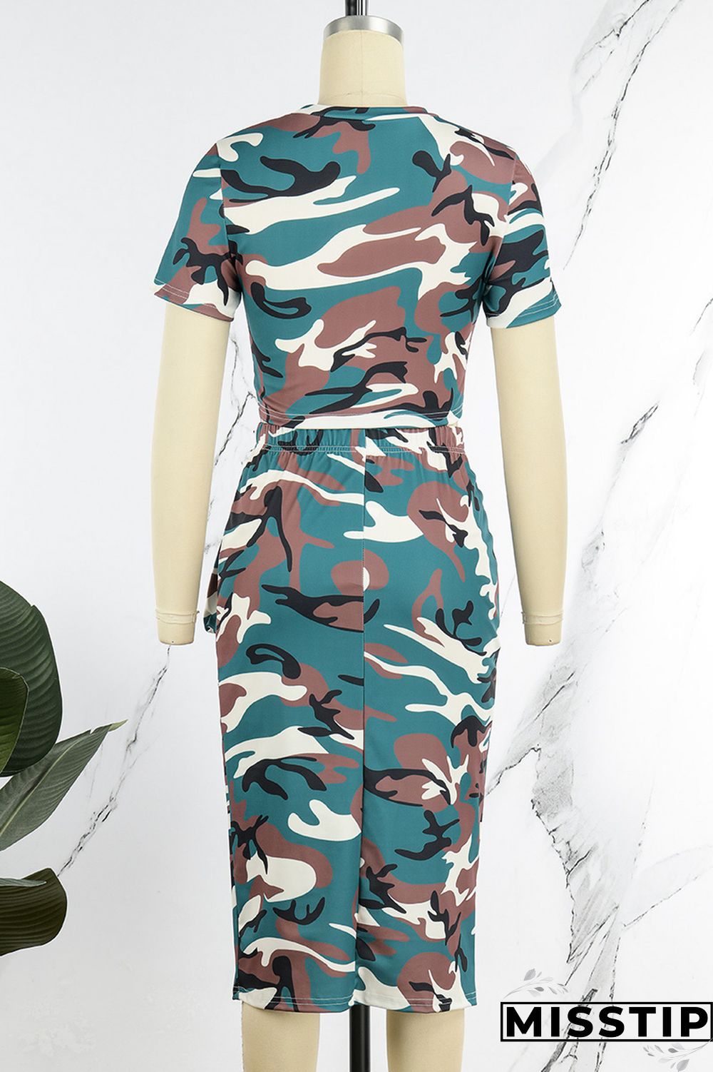 Coffee Casual Print Patchwork Slit O Neck Short Sleeve Two Pieces