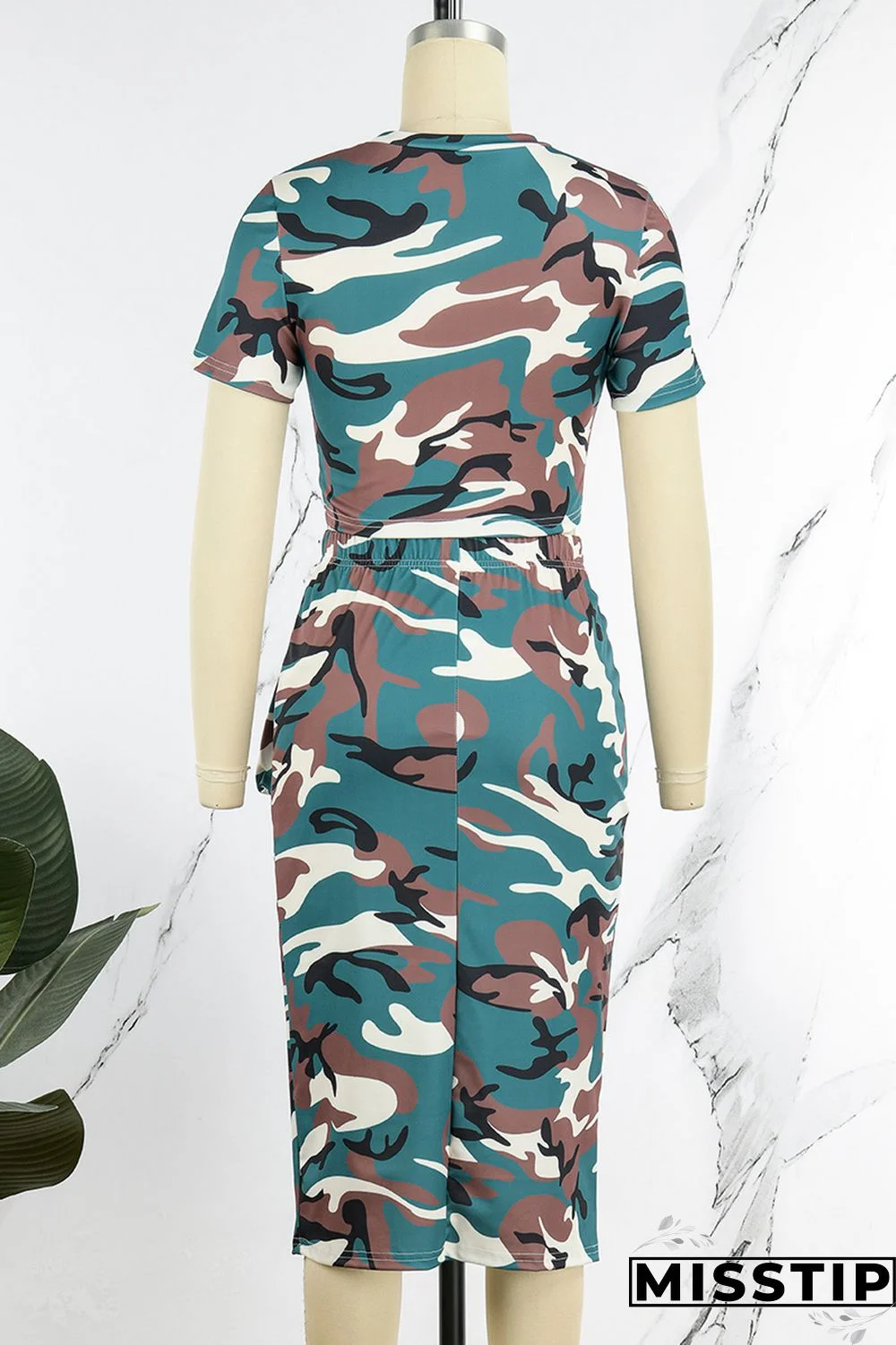 Coffee Casual Print Patchwork Slit O Neck Short Sleeve Two Pieces