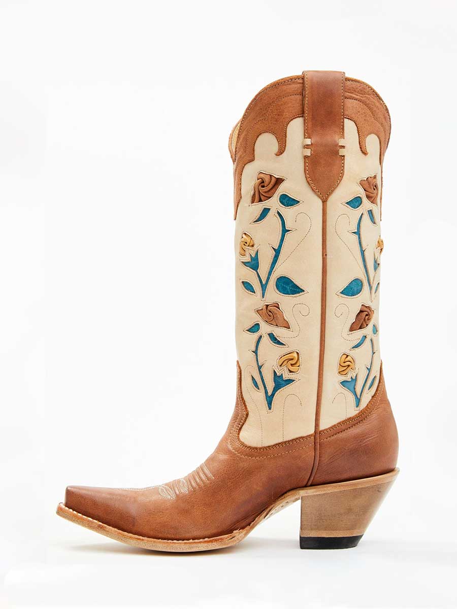 Brown & Beige Snip Toe Flower Inlay Heeled Mid-Calf Cowgirl Boots