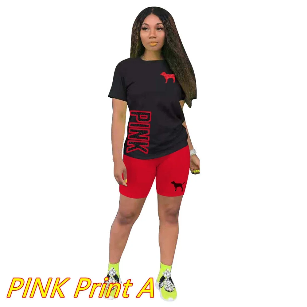 PINK Letter Print Round Neck Short Sleeves Tshirt Tops + Shorts Casual Two Piece Set Summer 2021 Women Fashion Outfit Streetwear