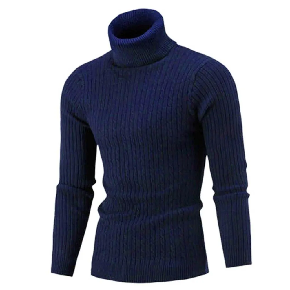Casual Men Winter Solid Color Turtle Neck Long Sleeve Twist Knitted Slim Sweater Hug Curves Show Muscular Shape Perfect Gifts