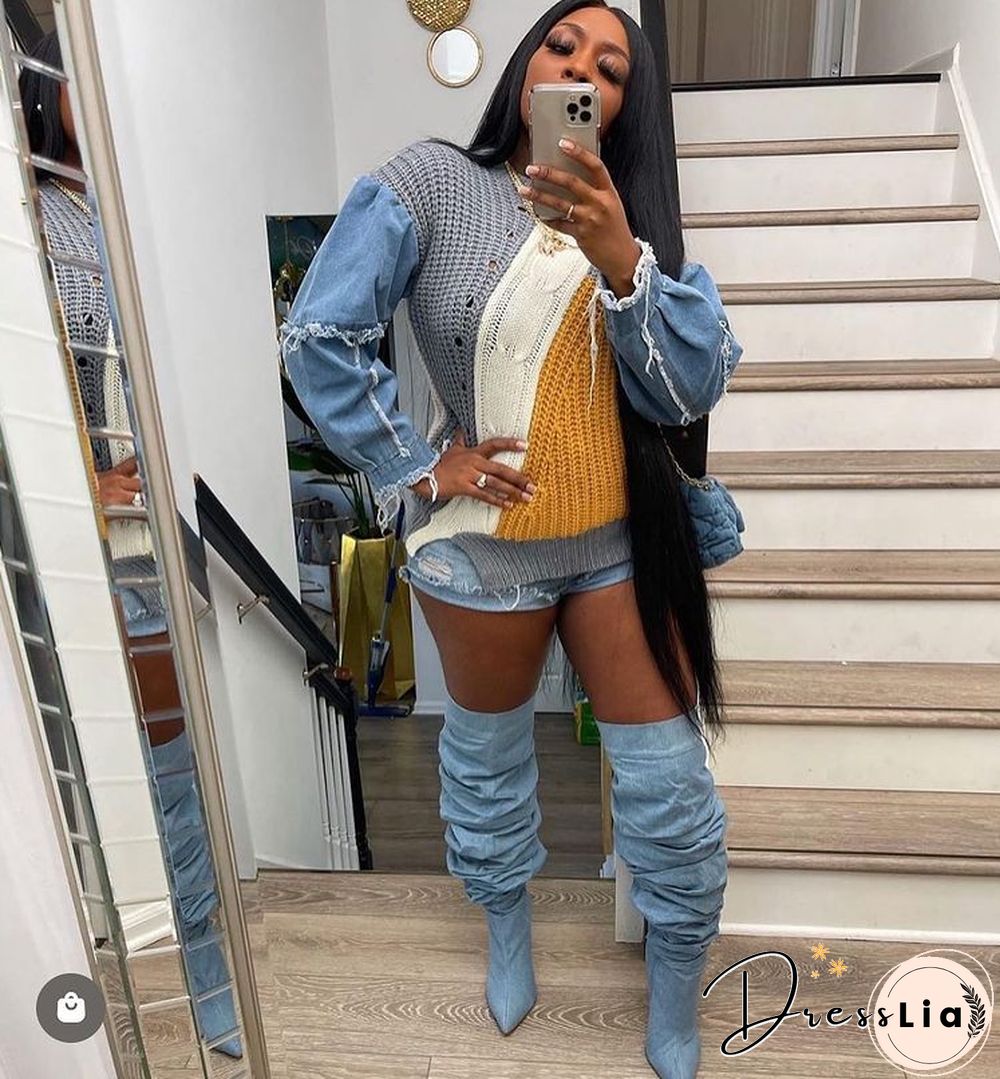 Contrast Color Denim Patchwork Long Sleeve Sweaters