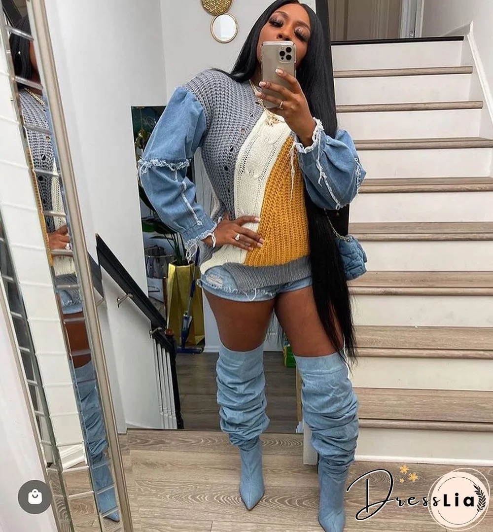Contrast Color Denim Patchwork Long Sleeve Sweaters
