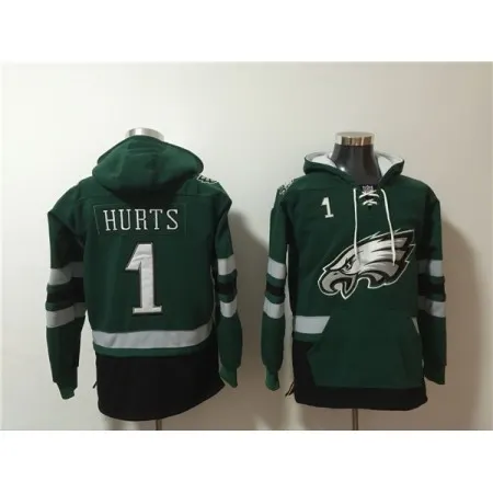 Men's Philadelphia Eagles #1 Jalen Hurts Green Ageless Must-Have Lace-Up Pullover Hoodie MUML