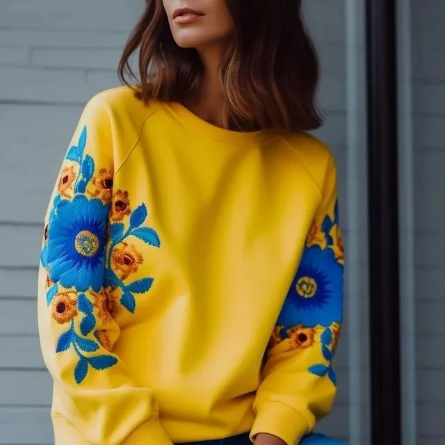 Ukraine Ethnic Floral Contrast Color Sweatshirt