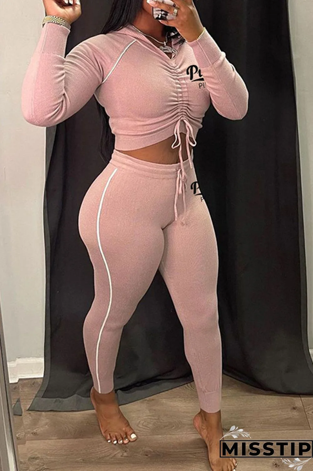 Black Casual Print Patchwork Draw String Fold Hooded Collar Long Sleeve Two Pieces