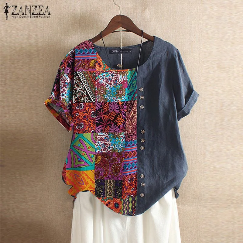 ZANZEA Summer Tops Women Vintage Floral Printed Short Sleeve Blouse Pacthwork Shirt Femininas Cotton Linen Blusas Chemise Femme7